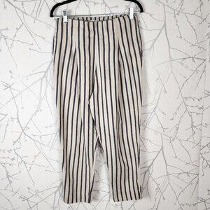 Luukaa Ivory Navy Stripe Cotton Linen High Rise Tapered Pants